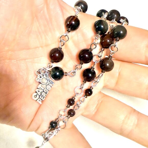 Genuine Dark Brown Agate Necklace, Natural Gemstone & Cat Person Paw Print Charm - Picture 14 of 14